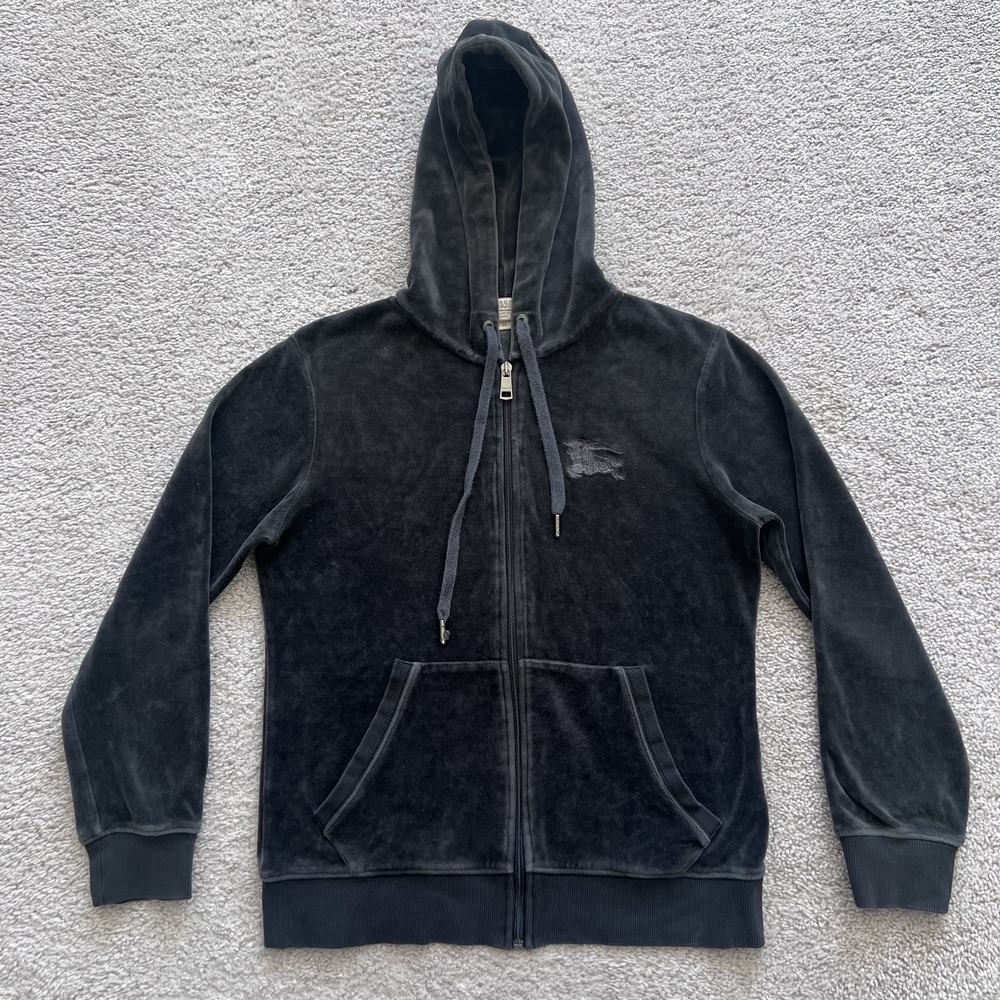 Burberry Brit Velour Velvet Full Zip Hoodie Womens Medium Gray Embroidered Logo